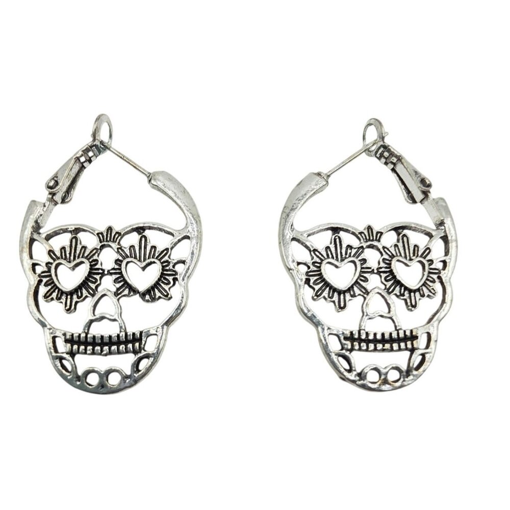 Sugar Skull Heart Eye Hoop Earrings Silver-Tone  Dia De Los Muertos Jewelry